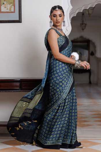 Buy_Geroo Jaipur_Blue Silk, Modal One Shoulder Ajrakh Print Saree Set _Online_at_Aza_Fashions