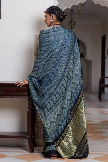Shop_Geroo Jaipur_Blue Silk, Modal One Shoulder Ajrakh Print Saree Set _at_Aza_Fashions