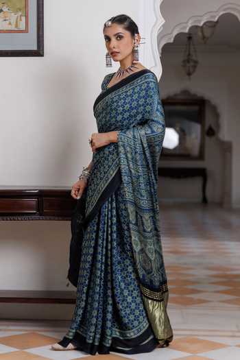 Shop_Geroo Jaipur_Blue Silk, Modal One Shoulder Ajrakh Print Saree Set _Online_at_Aza_Fashions