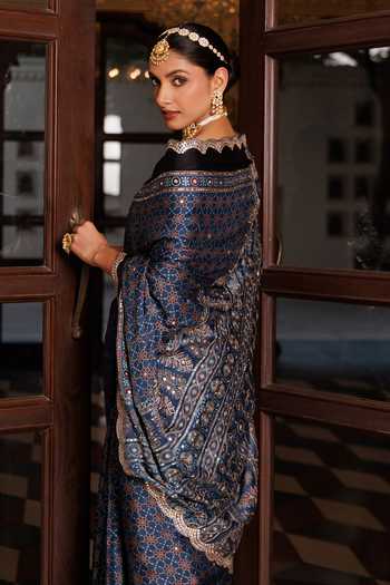 Shop_Geroo Jaipur_Blue Silk, Modal Ajrakh Saree Set _at_Aza_Fashions
