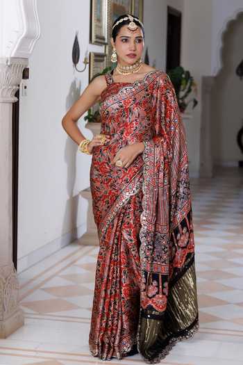 Buy_Geroo Jaipur_Maroon Silk, Modal Square Neck Ajrakh Print Saree Set _at_Aza_Fashions