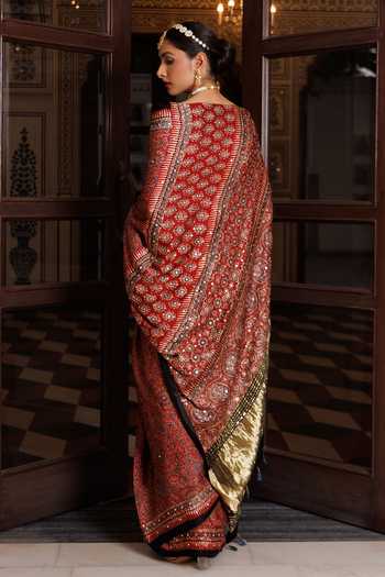 Shop_Geroo Jaipur_Maroon Silk, Modal Ajrakh Saree Set _at_Aza_Fashions
