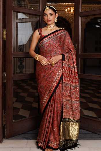 Buy_Geroo Jaipur_Maroon Silk, Modal Ajrakh Saree Set _at_Aza_Fashions