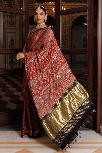 Buy_Geroo Jaipur_Maroon Silk, Modal Ajrakh Saree Set _Online_at_Aza_Fashions