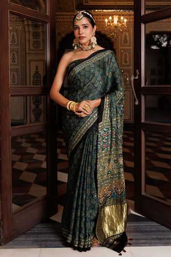 Buy_Geroo Jaipur_Green Silk, Modal One Shoulder Ajrakh Print Saree Set _at_Aza_Fashions