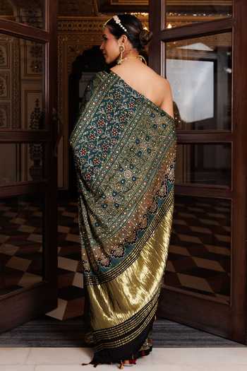 Shop_Geroo Jaipur_Green Silk, Modal One Shoulder Ajrakh Print Saree Set _at_Aza_Fashions