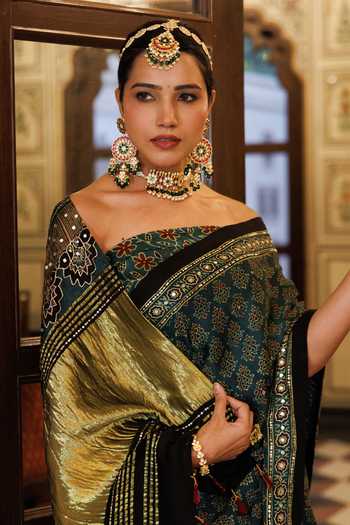 Shop_Geroo Jaipur_Green Silk, Modal One Shoulder Ajrakh Print Saree Set _Online_at_Aza_Fashions