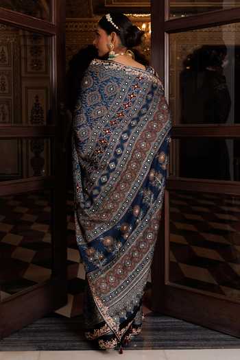 Shop_Geroo Jaipur_Blue Silk, Modal Square Neck Ajrakh Floral Print Saree Set _at_Aza_Fashions