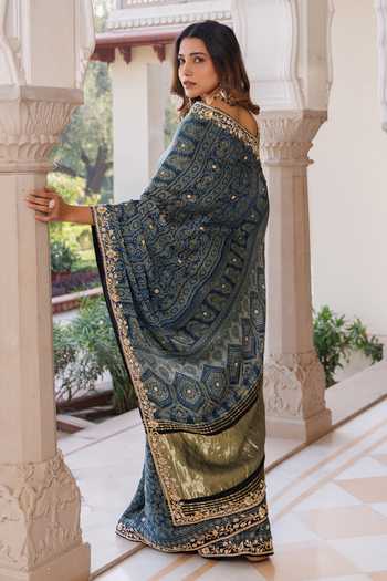 Shop_Geroo Jaipur_Blue Silk, Modal Round Neck Ajrakh Printed Saree Set _at_Aza_Fashions