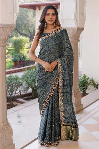 Buy_Geroo Jaipur_Blue Silk, Modal Round Neck Ajrakh Printed Saree Set _at_Aza_Fashions