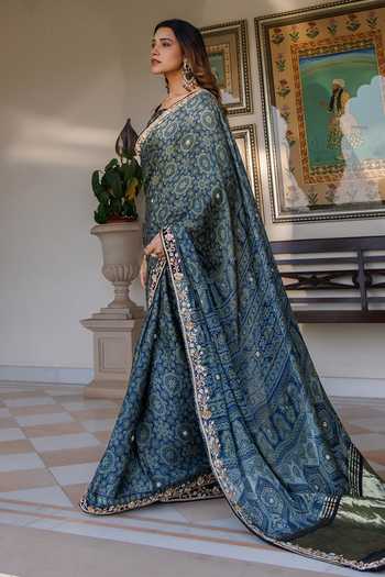 Geroo Jaipur_Blue Silk, Modal Round Neck Ajrakh Printed Saree Set _at_Aza_Fashions