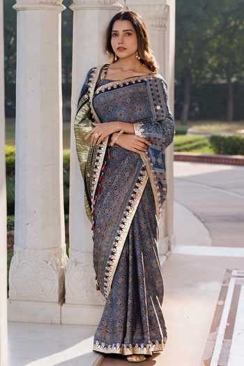 Shop_Geroo Jaipur_Blue Silk, Modal Ajrakh Saree Set _at_Aza_Fashions