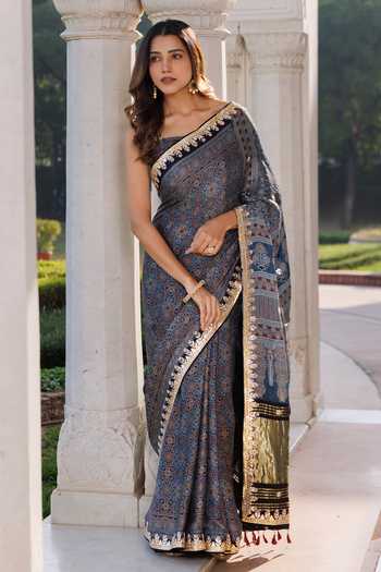 Geroo Jaipur_Blue Silk, Modal Ajrakh Saree Set _Online_at_Aza_Fashions