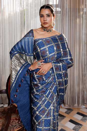 Geroo Jaipur_Blue Silk, Modal Ajrakh Saree Set _Online_at_Aza_Fashions