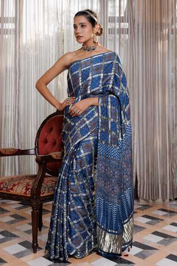 Shop_Geroo Jaipur_Blue Silk, Modal Ajrakh Saree Set _Online_at_Aza_Fashions