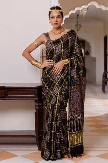 Buy_Geroo Jaipur_Black Silk, Modal One Shoulder Ajrakh Print Saree Set _at_Aza_Fashions