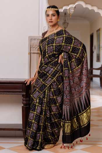 Shop_Geroo Jaipur_Black Silk, Modal One Shoulder Ajrakh Print Saree Set _Online_at_Aza_Fashions