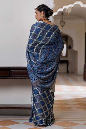 Shop_Geroo Jaipur_Blue Silk, Modal Ajrakh Printed Saree Set _at_Aza_Fashions
