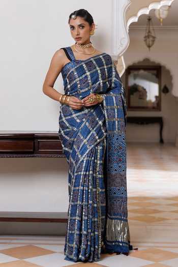 Geroo Jaipur_Blue Silk, Modal Ajrakh Printed Saree Set _Online_at_Aza_Fashions