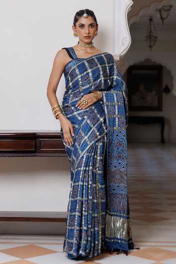 Buy_Geroo Jaipur_Blue Silk, Modal Ajrakh Printed Saree Set _at_Aza_Fashions