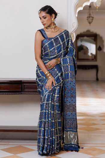 Buy_Geroo Jaipur_Blue Silk, Modal Ajrakh Printed Saree Set _Online_at_Aza_Fashions