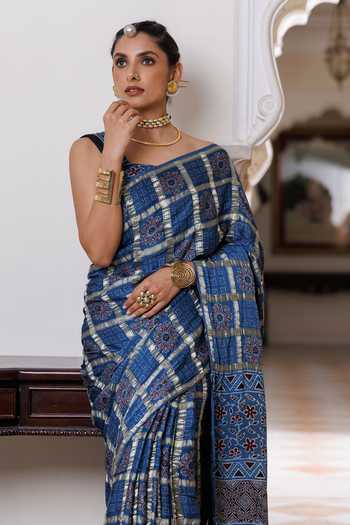 Shop_Geroo Jaipur_Blue Silk, Modal Ajrakh Printed Saree Set _Online_at_Aza_Fashions