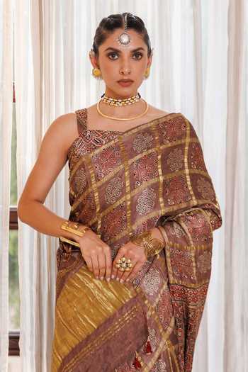Geroo Jaipur_Brown Silk, Modal Ajrakh Printed Saree Set _Online_at_Aza_Fashions