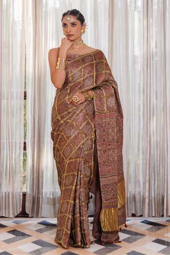 Buy_Geroo Jaipur_Brown Silk, Modal Ajrakh Printed Saree Set _Online_at_Aza_Fashions