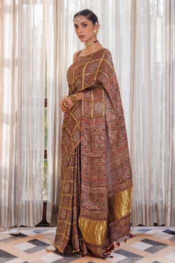 Shop_Geroo Jaipur_Brown Silk, Modal Ajrakh Printed Saree Set _Online_at_Aza_Fashions