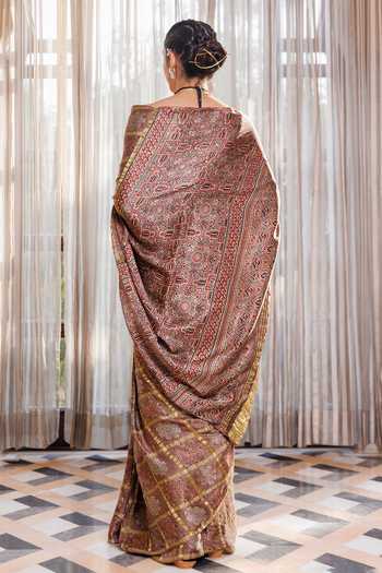 Shop_Geroo Jaipur_Brown Silk, Modal Ajrakh Printed Saree Set _at_Aza_Fashions