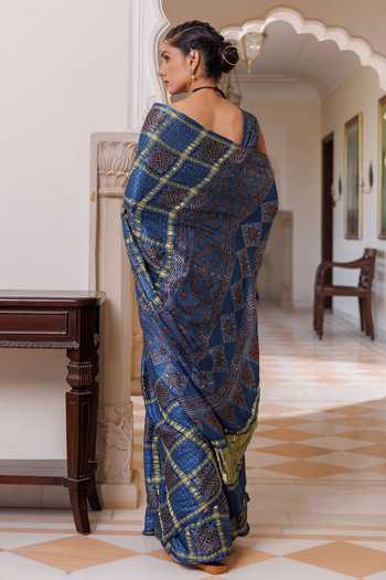 Shop_Geroo Jaipur_Blue Modal, Silk Square Neck Ajrakh Printed Saree Set _at_Aza_Fashions