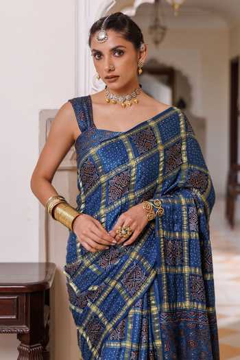 Geroo Jaipur_Blue Modal, Silk Square Neck Ajrakh Printed Saree Set _Online_at_Aza_Fashions
