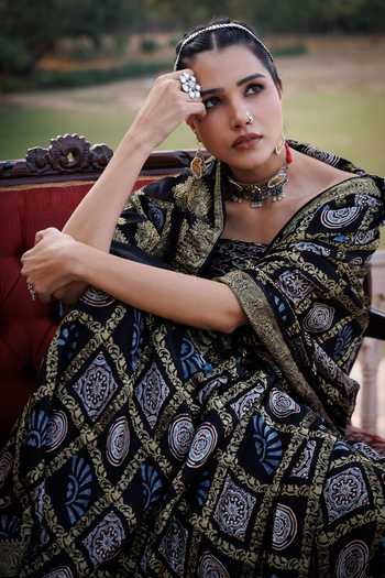 Geroo Jaipur_Black Silk, Modal Square Neck Ajrakh Printed Saree Set _Online_at_Aza_Fashions