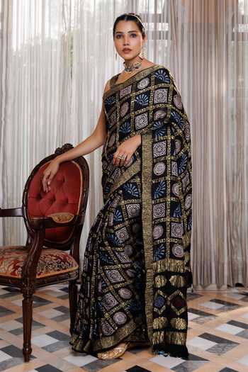 Buy_Geroo Jaipur_Black Silk, Modal Square Neck Ajrakh Printed Saree Set _Online_at_Aza_Fashions