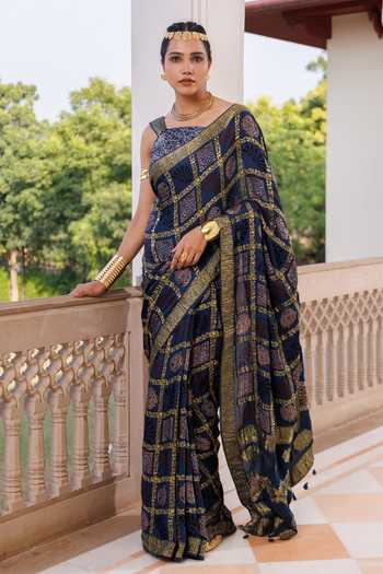 Geroo Jaipur_Blue Silk, Modal One Shoulder Ajrakh Printed Saree And Blouse Set _Online_at_Aza_Fashions