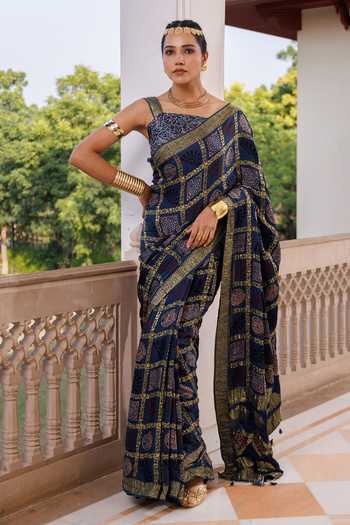 Buy_Geroo Jaipur_Blue Silk, Modal One Shoulder Ajrakh Printed Saree And Blouse Set _Online_at_Aza_Fashions