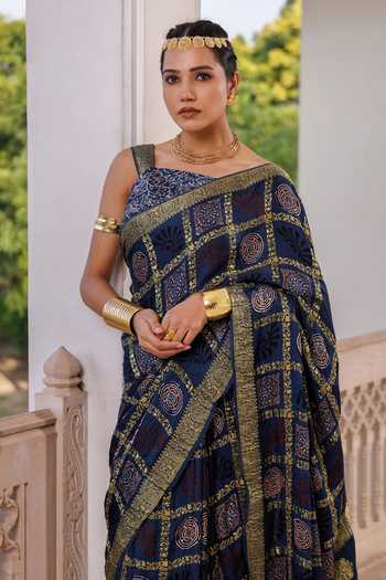 Shop_Geroo Jaipur_Blue Silk, Modal One Shoulder Ajrakh Printed Saree And Blouse Set _Online_at_Aza_Fashions