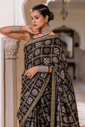 Geroo Jaipur_Blue Silk, Modal One Shoulder Ajrakh Printed Saree And Blouse Set _at_Aza_Fashions