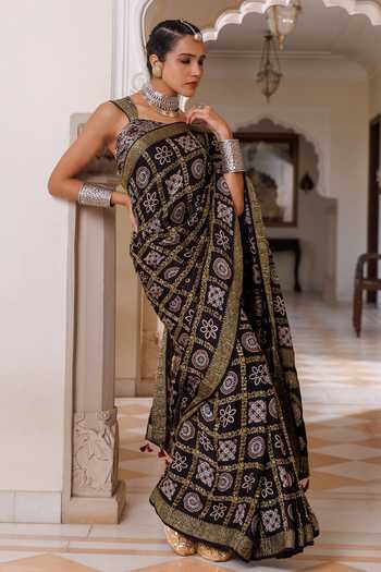 Buy_Geroo Jaipur_Black Silk, Modal Square Neck Ajrakh Printed Saree Set _Online_at_Aza_Fashions