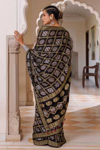 Shop_Geroo Jaipur_Black Silk, Modal Square Neck Ajrakh Printed Saree Set _at_Aza_Fashions