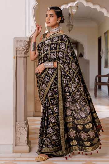 Shop_Geroo Jaipur_Black Silk, Modal Square Neck Ajrakh Printed Saree Set _Online_at_Aza_Fashions