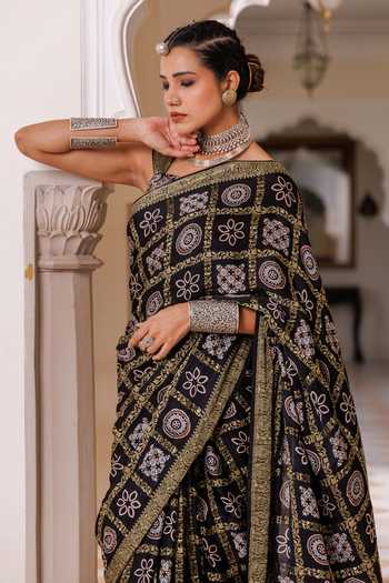 Geroo Jaipur_Black Silk, Modal Square Neck Ajrakh Printed Saree Set _at_Aza_Fashions