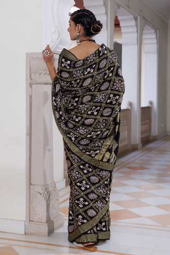 Shop_Geroo Jaipur_Black Silk, Modal One Shoulder Ajrakh Printed Saree Set _at_Aza_Fashions