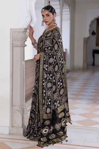 Geroo Jaipur_Black Silk, Modal One Shoulder Ajrakh Printed Saree Set _Online_at_Aza_Fashions