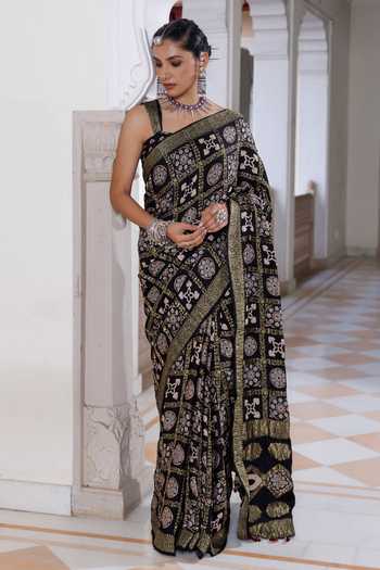 Buy_Geroo Jaipur_Black Silk, Modal One Shoulder Ajrakh Printed Saree Set _Online_at_Aza_Fashions