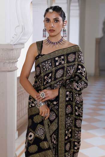 Shop_Geroo Jaipur_Black Silk, Modal One Shoulder Ajrakh Printed Saree Set _Online_at_Aza_Fashions