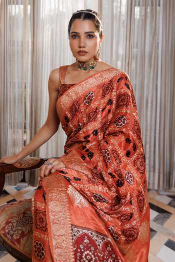 Geroo Jaipur_Peach Silk, Modal One Shoulder Ajrakh Printed Saree Set _Online_at_Aza_Fashions
