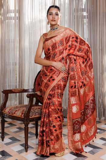 Buy_Geroo Jaipur_Peach Silk, Modal One Shoulder Ajrakh Printed Saree Set _Online_at_Aza_Fashions