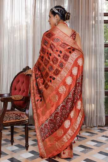 Shop_Geroo Jaipur_Peach Silk, Modal One Shoulder Ajrakh Printed Saree Set _at_Aza_Fashions