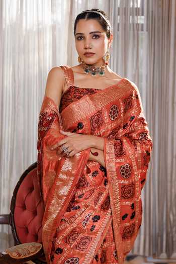 Shop_Geroo Jaipur_Peach Silk, Modal One Shoulder Ajrakh Printed Saree Set _Online_at_Aza_Fashions